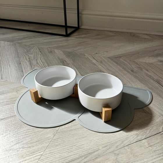 Double Ceramic Bowl with Wood Stand